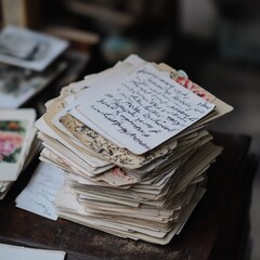 Naklejka premium Stacked vintage letters and postcards reveal personal histories in a cozy antique setting