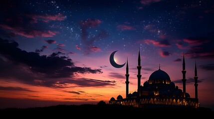Obraz premium Majestic Mosque Silhouette Under Starlit Crescent Moon Sky