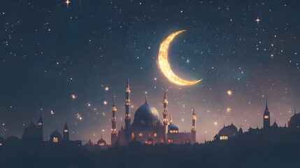 Fototapeta premium Crescent Moon Night Lights Mosque Cityscape Stars