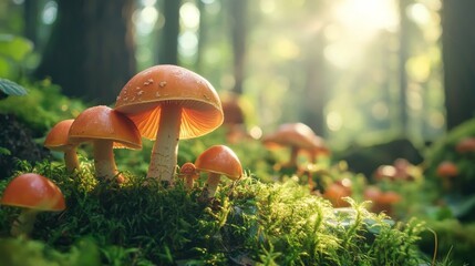 Mushrooms growing in a lush forest with sunlight