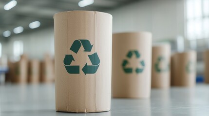 The image features cylindrical cardboard rolls with recycling symbols in a well-lit industrial space, emphasizing sustainability and eco-friendliness.