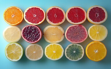 Colorful citrus fruit halves arranged on blue background.