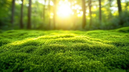 Naklejka premium Sunlit Mossy Forest Floor: A Tranquil Nature Scene