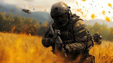 Fototapeta premium A soldier in tactical gear navigates a field, surrounded by explosions, showcasing action and intensity in a military setting.