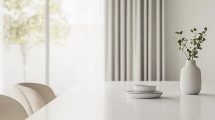 Elegant minimalist dining room with minimal decor. Featuring clean lines and a refined design