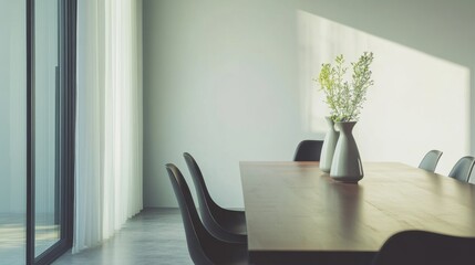 Elegant minimalist dining room with minimal decor. Featuring clean lines and a sophisticated design