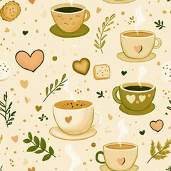 Seamless pattern of cups with tea and coffee, cookies and hearts