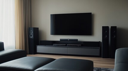 Elegant minimalist entertainment room with minimal equipment. Featuring a clean, open design with sleek lines