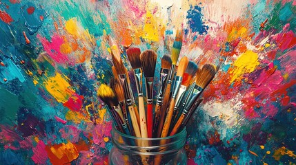 A vibrant collection of paintbrushes in a jar against a colorful abstract background, showcasing creativity and artistic expression.