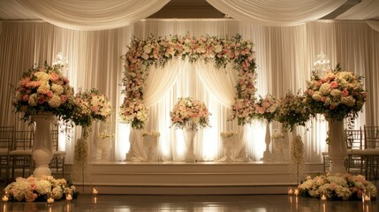 Elegant Wedding Ceremony Setup with Floral Arch and Abundant Flowers