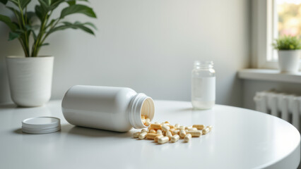 Magnesium capsules spilled on a white surface with bottles nearby, suggesting disorganization or medication issue.