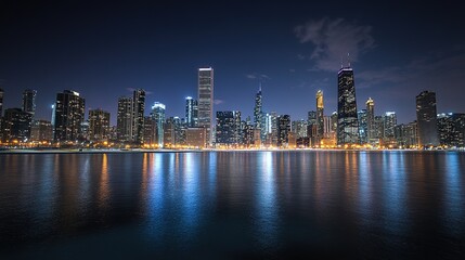 Naklejka premium A stunning city skyline at night, illuminated by bright lights reflecting on water, showcasing modern architecture and vibrant urban life.