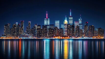 Obraz premium A stunning nighttime skyline featuring illuminated buildings reflecting on water, showcasing vibrant colors and a lively urban atmosphere.