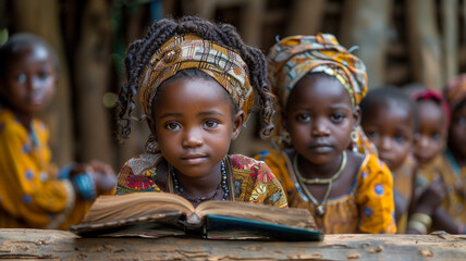 Children reading together in a village setting
