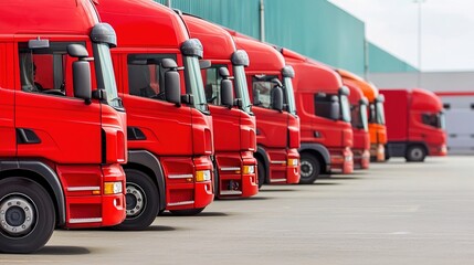 A row of red trucks parked neatly in a lot, showcasing their sleek design and vibrant color against a warehouse backdrop.
