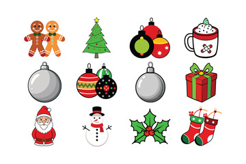 Merry Christmas Vector Colored Elements for Graphic Design, Festive Holiday Artwork.