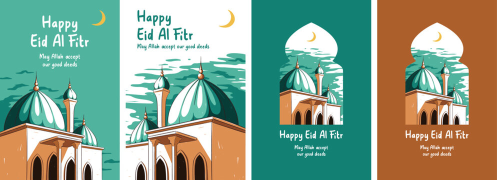 Happy eid al fitr card design with mosque illustration. Islamic eid themed vector artwork.