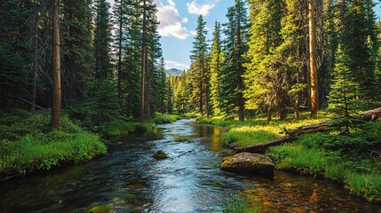 Obraz premium A serene forest scene featuring a clear stream surrounded by lush greenery and towering trees under a bright blue sky.