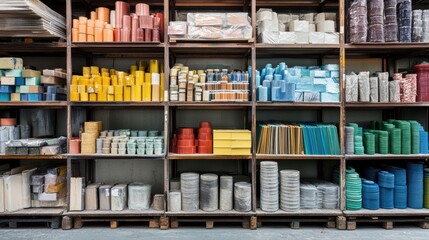 A vibrant array of raw materials is organized on shelves representing a diverse inventory that can be easily accessed to fulfill dynamic production requests.