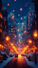 Magical Christmas Night in Cityscape with Festive Lights and Snowy Streets