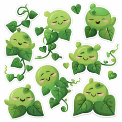 Adorable Green Plant Characters. Cute Cartoon Stickers