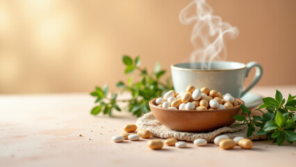 A cozy setting with a cup of coffee or tea surrounded by aromatic herbs and a bowl filled with sunflower seeds.