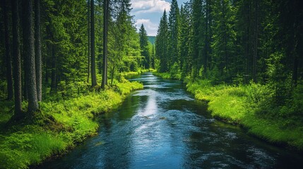 Obraz premium A serene forest scene featuring a clear river flowing through lush greenery, with tall trees lining the banks under a bright blue sky.