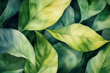 Obraz premium Green Leaf Collection: Artistic Watercolor and Detailed Digital Illustrations Featuring Clovers, Tropical Leaves, Falling Foliage, and Textured Dry Leaves - Perfect for Nature-Themed Designs and Decor