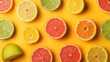 Slices of citrus fruits on a bright yellow background