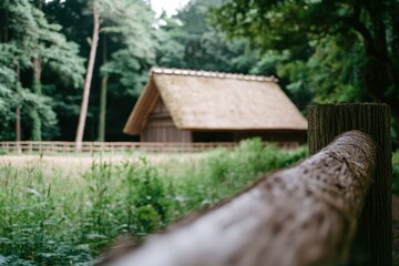 古い農家の家屋が緑に囲まれた静かな森の中にある