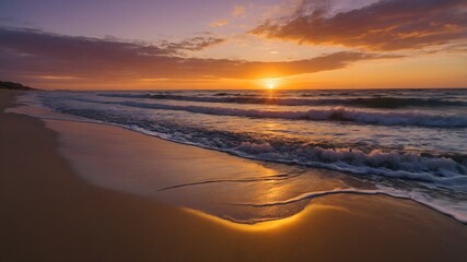 Obraz premium Vibrant Sunset Beach Background: A breathtaking display of colors as the sun dips below the horizon, casting warm, golden light across the ocean and sky. A vibrant and energetic wallpaper