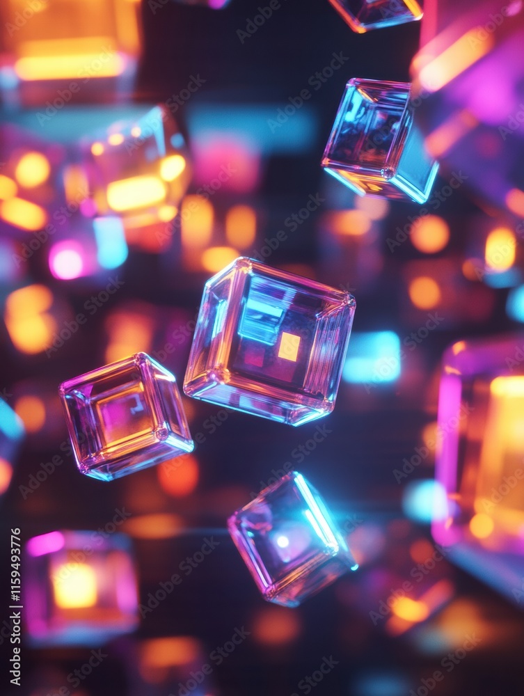Leinwandbilder Floating cubes display abstract symbols representing text and multimedia in a vibrant digital space. Generative AI