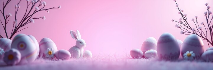Obraz premium Pastel Easter Bunny Amidst Delicate Eggs and Blossoms