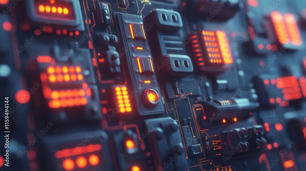 Aufkleber close-up view of an abstract circuit board with glowing red leds and intricate patterns in a dark fu
