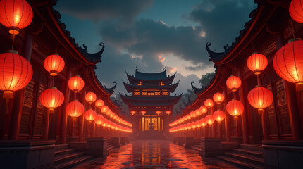 Fototapeta premium Asian temple illuminated with red lanterns at sunset for Chinese New Year.