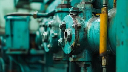 Obraz premium Close-Up View of Industrial Pipeline System Featuring Blue Metal Components and Valves with Rust Texture and Industrial Setting Background