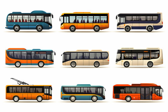 A collection of side-view icons of buses in various designs, isolated for use in transportation graphics, each highlighting different public transit styles and vehicle types in clean, minimalist illus