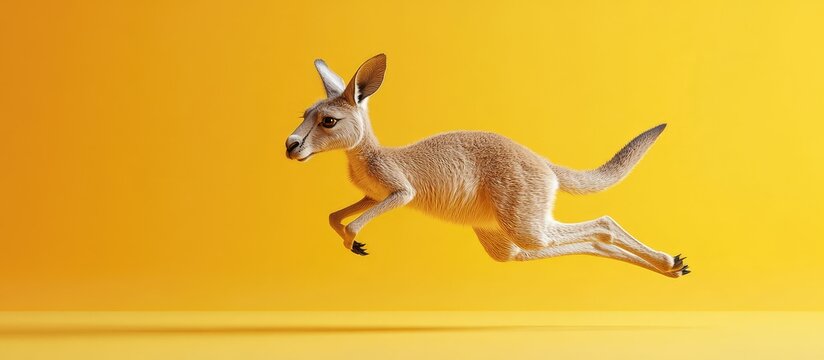 Leaping Kangaroo Against Vibrant Yellow Background