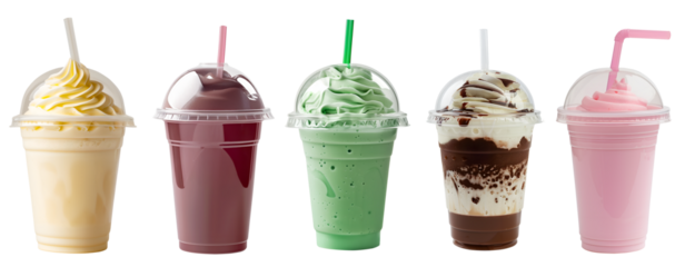 Milkshake Smoothie Ice Blended in dome lid plastic disposable transparent cup on transparent background cutout, PNG file. Many assorted different flavour Mockup template for design
