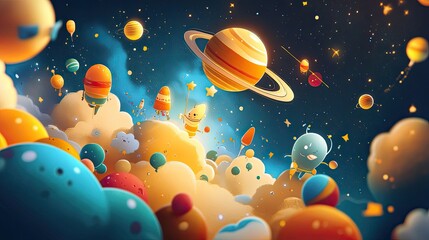 Colorful Cartoon Characters Explore A Vibrant Space Landscape