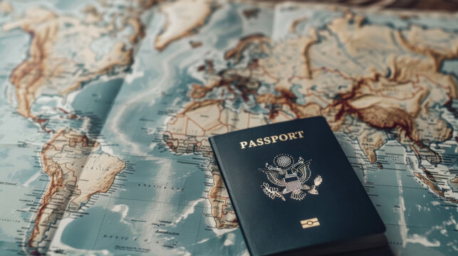 Passport on world map for international travel planning - Powered by Adobe