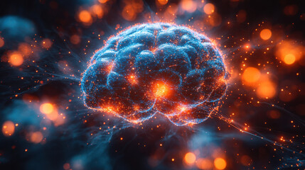 glowing digital brain surrounded by vibrant neural connections and energy sparks