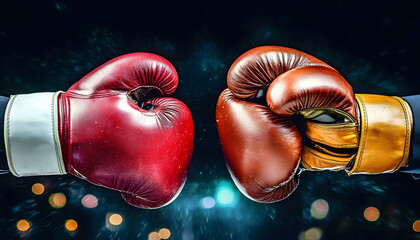 Business Battle: A dramatic close-up of two boxing gloves poised for impact, symbolizing fierce competition and the fight for market dominance.