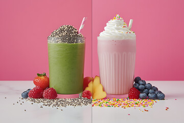 A split-screen image showing a nutrient-rich green smoothie topped with seeds and fruits versus a sugary milkshake with whipped cream, sprinkles, and syrup


