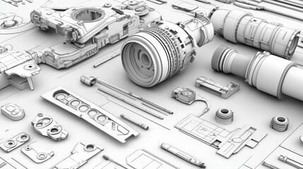 Detailed Sketch of Various Mechanical Parts and Components Laid Out in a Technical Drawing Style for Engineering and Design Projects