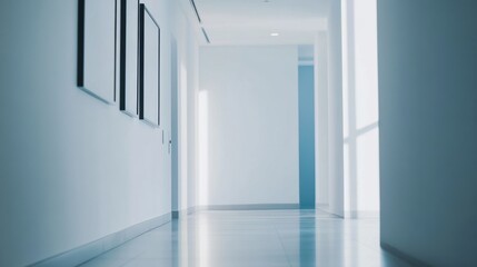Elegant minimalist hallway with minimal decor. Featuring a clean, open design with sleek lines