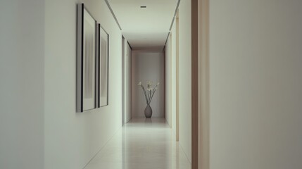 Elegant minimalist hallway with minimal decor. Featuring clean lines and a sleek design