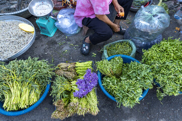 Green vegetable stall at Phnom Penh market