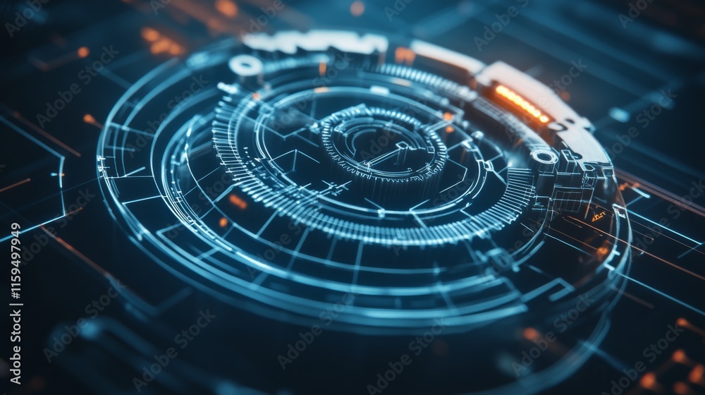 Poster futuristic digital interface design featuring circular elements, lines, and technology for advanced 