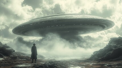 Obraz premium A man stands in front of a large, alien-like object in a desolate landscape